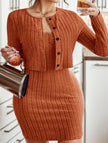 White FJØRNA two-piece slim-fitting cardigan dress, front view showcasing the elegant, fitted design and soft fabric.