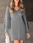 FJØRNA white V-neck puff sleeve knitted sweater dress, solid color, stylish and cozy, perfect for casual or dressy occasions.