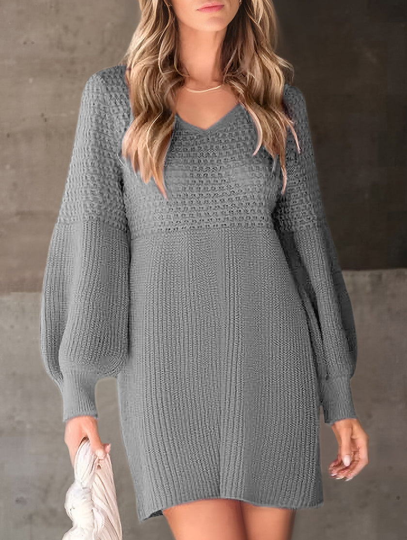 FJØRNA white V-neck puff sleeve knitted sweater dress, solid color, stylish and cozy, perfect for casual or dressy occasions.