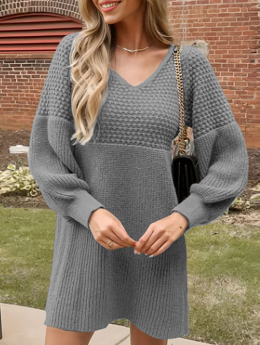 FJØRNA white V-neck puff sleeve knitted dress, solid color, stylish and cozy, perfect for casual or dressy occasions.