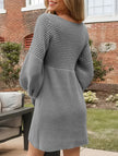 FJØRNA white V-neck puff sleeve knitted sweater dress with solid color, stylish and cozy for casual or dressy occasions.