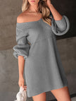 Grey V-neck puff sleeve knitted sweater dress by FJØRNA with solid color design, featuring a relaxed fit and cozy texture.