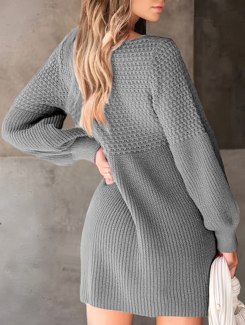 FJØRNA white V-neck puff sleeve knitted sweater dress, solid color with a fitted silhouette and stylish design.
