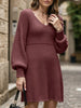 White FJØRNA V-neck puff sleeve knitted sweater dress with solid color and cozy knit texture.
