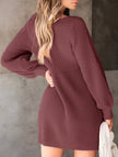 White FJØRNA V-neck puff sleeve knitted sweater dress showcasing a fitted silhouette and solid color design.
