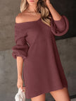 White knitted V-neck puff sleeve sweater dress by FJØRNA, featuring solid color design and a cozy, stylish fit.