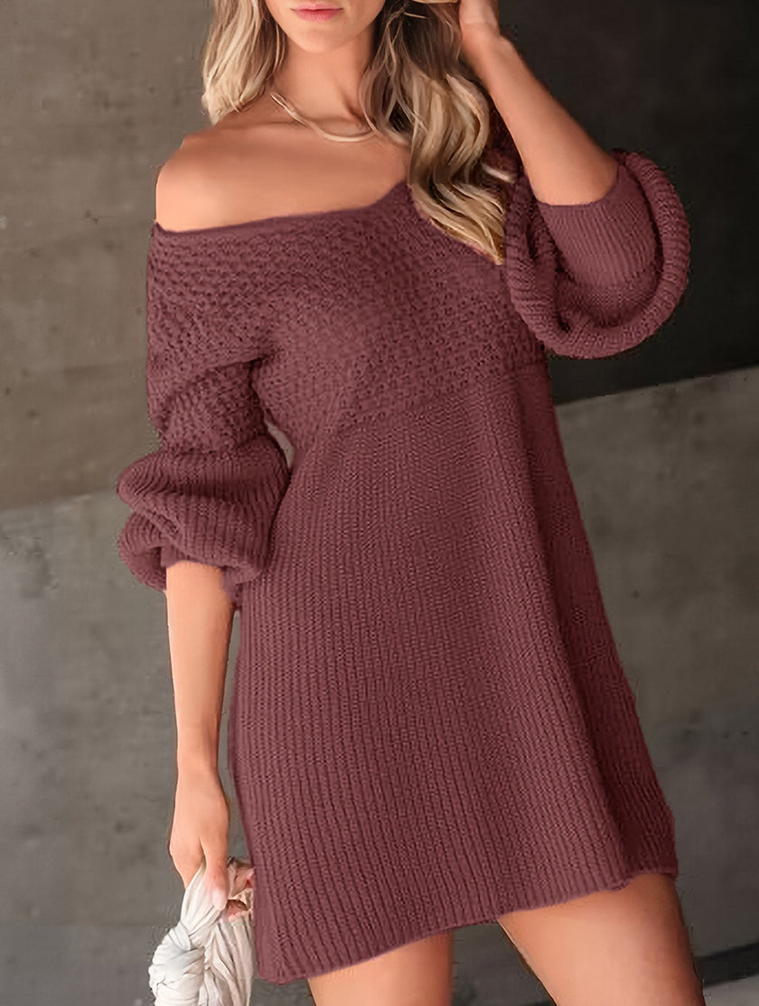 White knitted V-neck puff sleeve sweater dress by FJØRNA, featuring solid color design and a cozy, stylish fit.