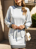 Light grey FJØRNA casual striped sweater dress with half-high collar and contrast detail, perfect for casual or wedding occasions.