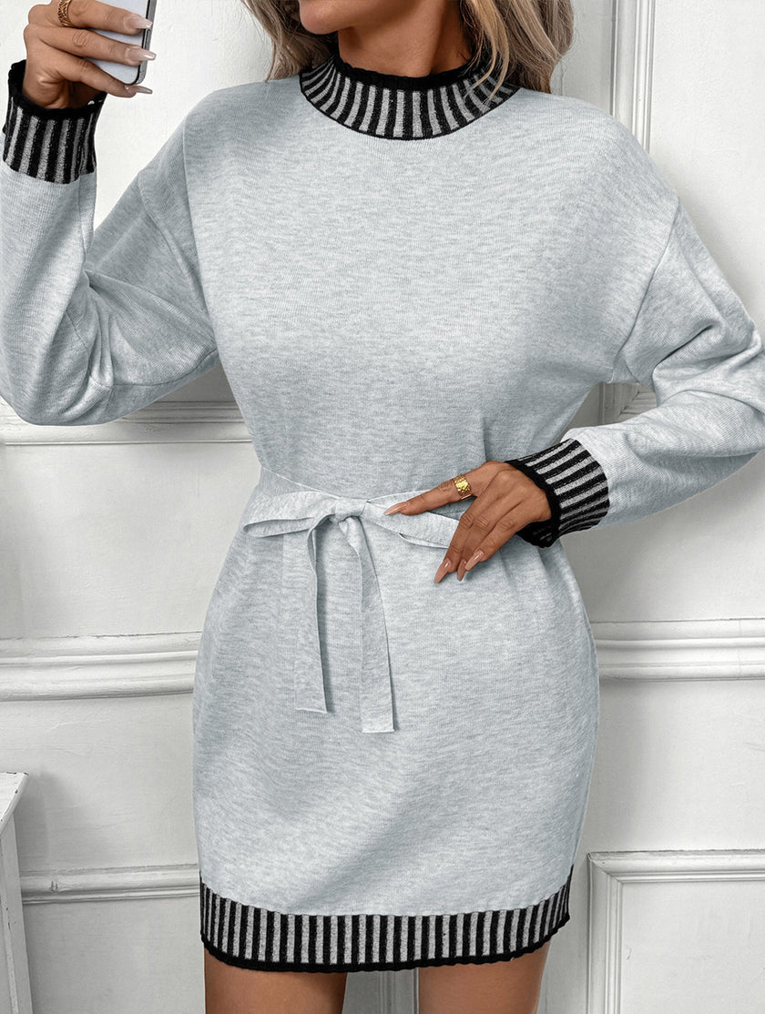 Light grey FJØRNA casual striped sweater dress with half-high collar and contrast details, perfect for casual or wedding wear.