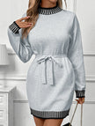 FJØRNA casual striped sweater dress with half-high collar and contrast design, ideal for casual or wedding occasions, light grey color