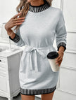 Light grey FJØRNA casual striped sweater dress with half-high collar and contrast design, perfect for casual or wedding occasions.