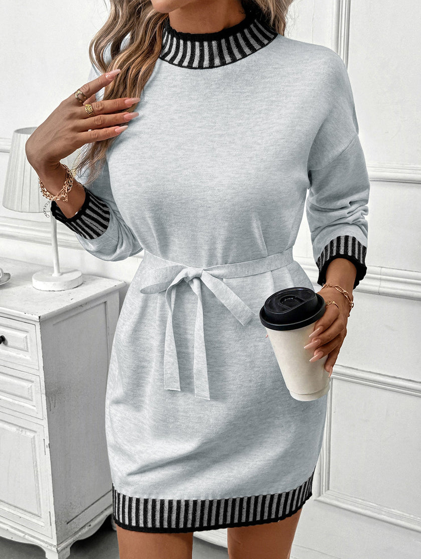 Light grey FJØRNA casual striped sweater dress with half-high collar and contrast design, perfect for casual or wedding occasions.