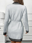 Light grey FJØRNA casual striped sweater dress with half-high collar and contrast details, perfect for casual or wedding occasions.