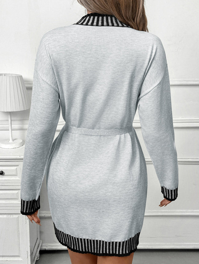 Light grey FJØRNA casual striped sweater dress with half-high collar and contrast details, perfect for casual or wedding occasions.