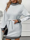 Light grey FJØRNA casual striped sweater dress with half-high collar and contrast design, perfect for casual or wedding occasions.