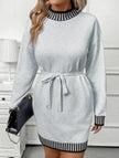 Light grey FJØRNA striped half-high collar contrast sweater dress, casual style, featuring horizontal stripes and a relaxed fit.