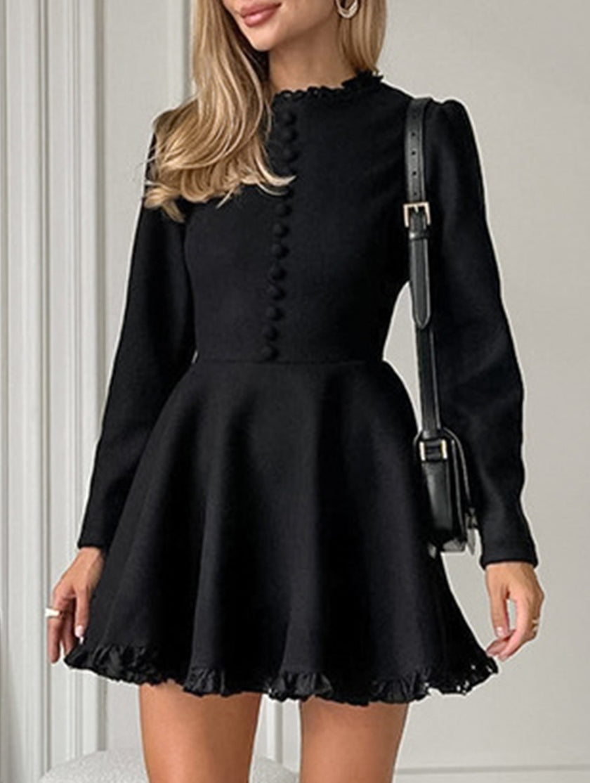 Black FJØRNA round neck waist lace patchwork French dress with elegant design and intricate lace details.