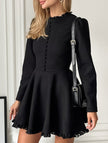 Black FJØRNA round neck waist lace patchwork French dress, elegant and stylish, with intricate lace details and a fitted silhouette.