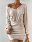 FJØRNA white brushed ribbed V-neck long-sleeved bodycon dress on a mannequin, highlighting fitted style and soft fabric texture.