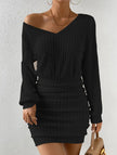 Black brushed ribbed V-neck long-sleeved bodycon dress by FJØRNA, shown on a model, highlighting fitted silhouette and soft fabric.