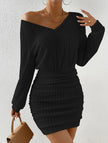 FJØRNA brushed ribbed white V-neck long-sleeved bodycon dress, close-up of fitted design and textured fabric.