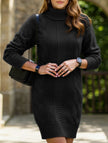 FJØRNA high-neck long-sleeved white bodycon sweater dress displayed on a mannequin, showcasing its fitted style and elegant design.