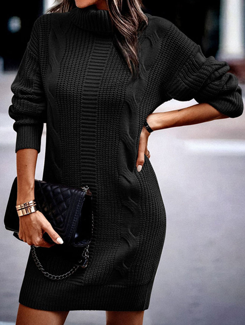 FJØRNA high-neck long-sleeved bodycon sweater dress in white, close-up showing fitted silhouette and textured knit fabric.