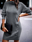 FJØRNA high-neck long-sleeved white bodycon sweater dress displayed on a mannequin, showcasing a fitted, cozy winter look.