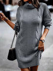 FJØRNA high-neck long-sleeved bodycon sweater dress in dark grey, featuring a fitted silhouette and cozy knit fabric.