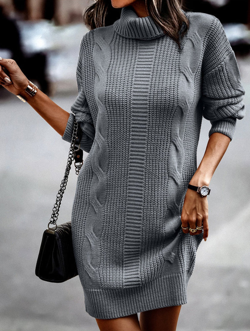 FJØRNA high-neck long-sleeved bodycon sweater dress in dark grey, featuring a fitted silhouette and cozy knit fabric.