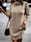 FJØRNA high-neck long-sleeved white bodycon sweater dress displayed on a mannequin, showcasing its fitted style and ribbed texture.