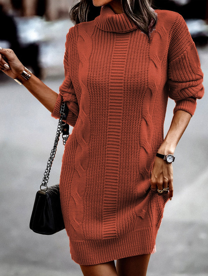 FJØRNA high-neck long-sleeved white bodycon sweater dress displayed on a mannequin, showcasing its fitted design and cozy fabric.