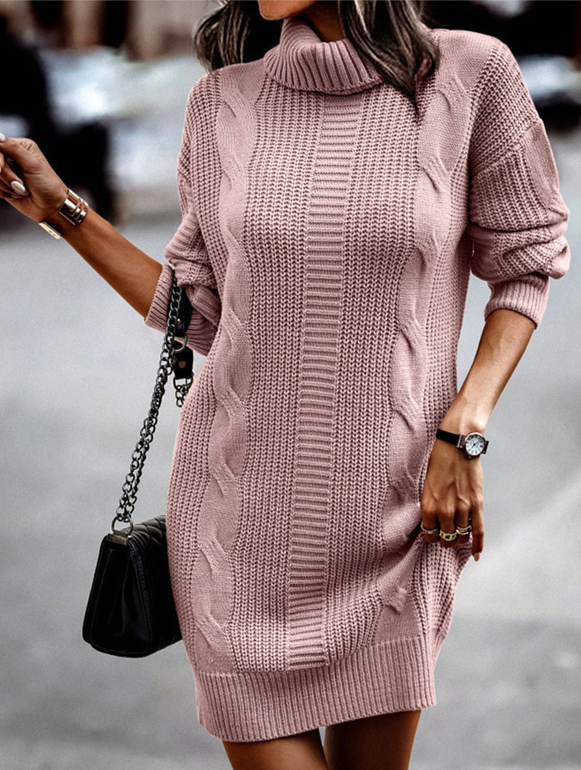 FJØRNA white high-neck long-sleeved bodycon sweater dress displayed on a mannequin, showcasing its fitted style and cozy knit fabric.