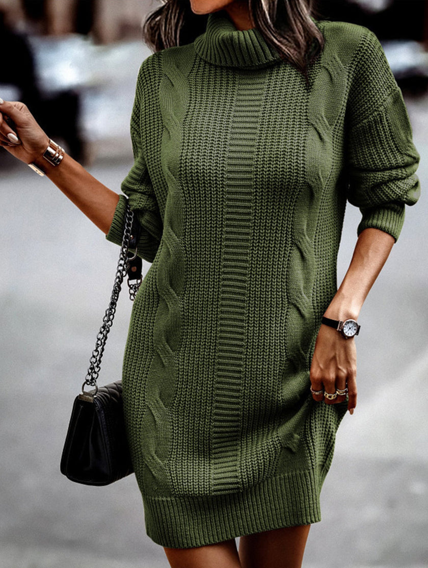 White high-neck long-sleeve bodycon sweater dress by FJØRNA, close-up of fitted knit fabric and stylish design.