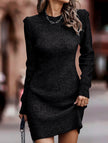 FJØRNA black round neck long-sleeved bodycon sweater dress hanging on a rack, showcasing its fitted silhouette and soft fabric.