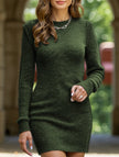 FJØRNA white round neck long-sleeved bodycon sweater dress displayed on a hanger, showcasing its fitted design and soft fabric.