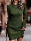 White FJØRNA round neck long-sleeved bodycon sweater dress hanging on a mannequin, showcasing a sleek, fitted design.