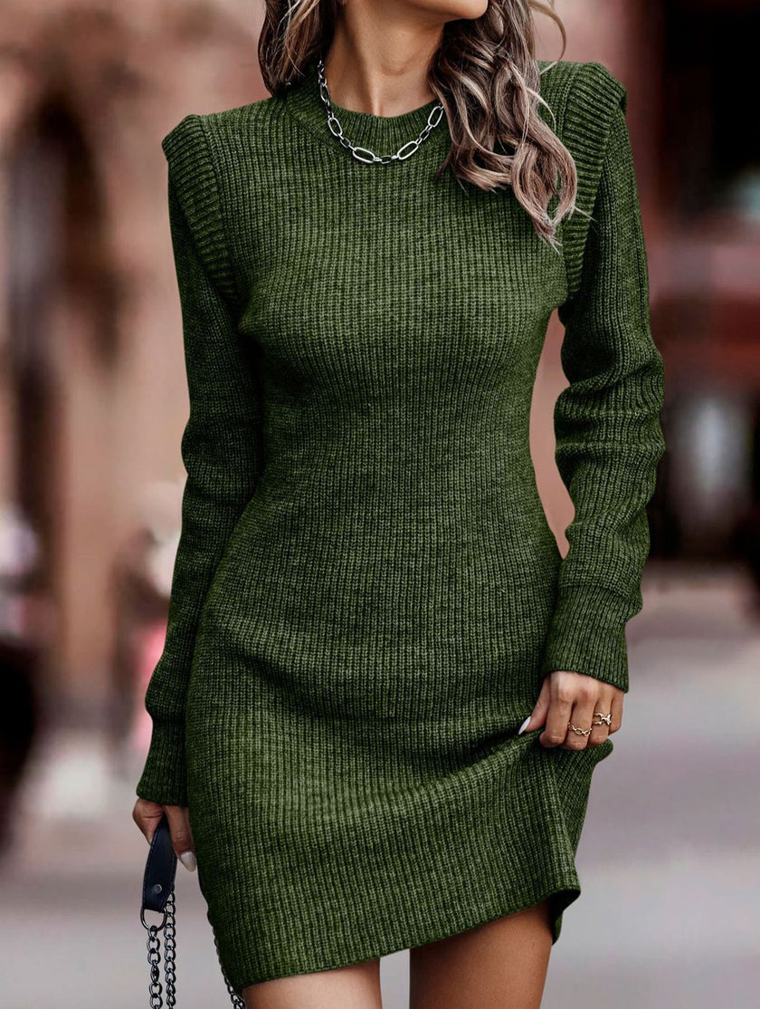 White FJØRNA round neck long-sleeved bodycon sweater dress hanging on a mannequin, showcasing a sleek, fitted design.