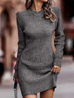 FJØRNA white round neck long-sleeved bodycon sweater dress displayed on a mannequin, showcasing its fitted design and soft fabric.