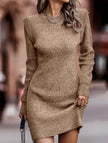 White FJØRNA round neck long-sleeved bodycon sweater dress displayed on a hanger, showcasing its fitted silhouette and soft knit fabric.