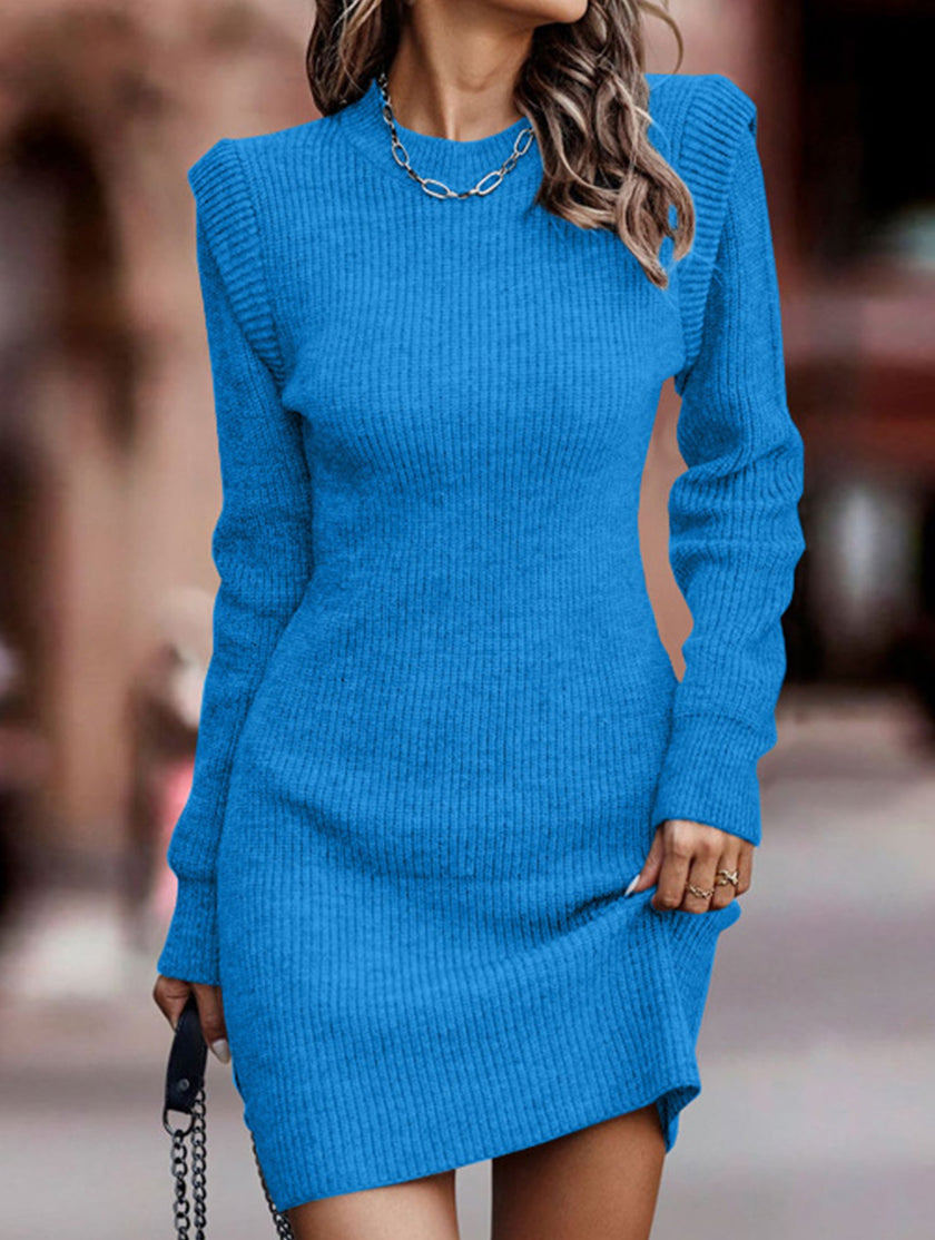 FJØRNA round neck long-sleeved white bodycon sweater dress displayed on a model, showcasing a fitted, casual winter look.