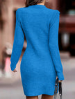 Light blue FJØRNA round neck long-sleeved bodycon sweater dress hanging on a mannequin.
