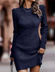 Navy FJØRNA round neck long-sleeved bodycon sweater dress, close-up view of fitted knit design on a mannequin.