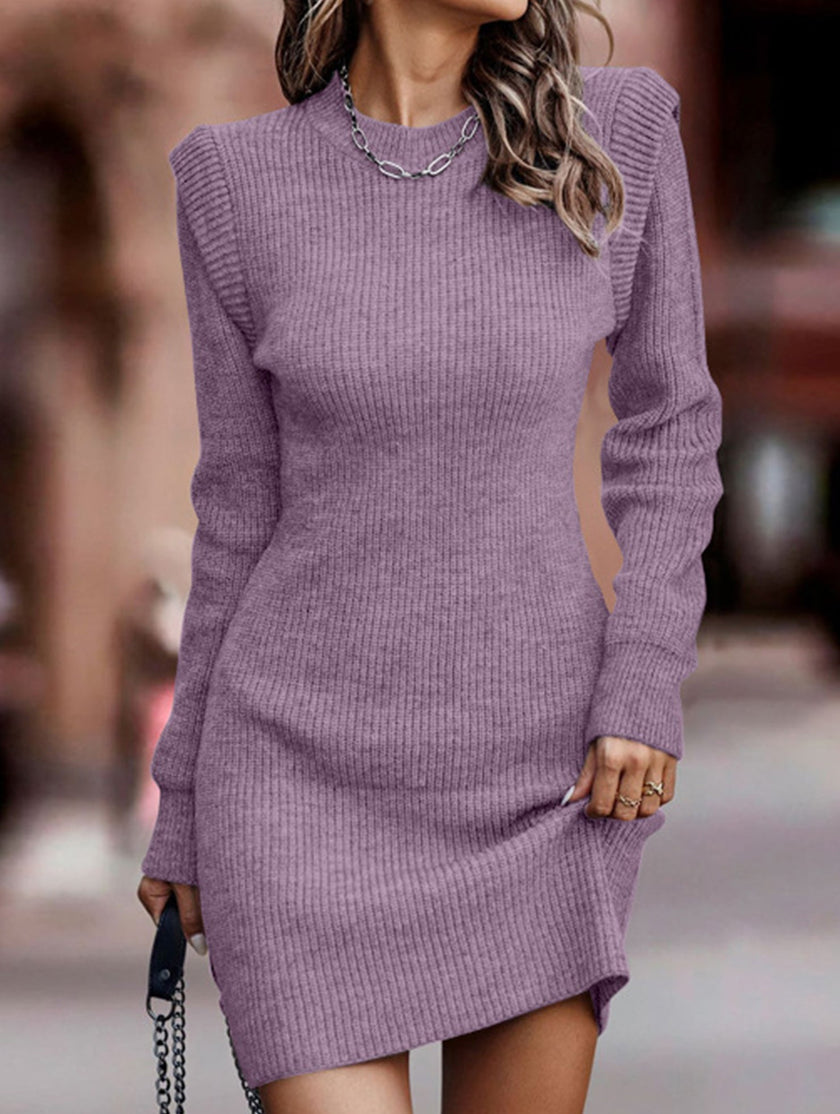 FJØRNA round neck long-sleeved white bodycon sweater dress, close-up view showing fitted silhouette and soft knit fabric.