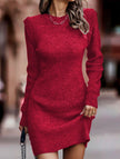 White FJØRNA round neck long-sleeved bodycon sweater dress displayed on a hanger.