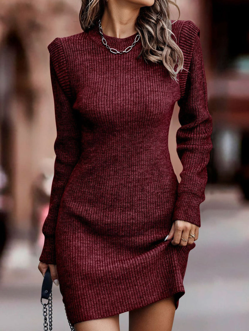 White FJØRNA round neck long-sleeve bodycon sweater dress displayed on a mannequin.