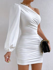 White FJØRNA asymmetrical off-shoulder dress with flowing fabric and stylish design, perfect for elegant occasions.