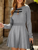 Grey textured knit fitted dress by FJØRNA, perfect for wedding guests, shown on a model with a stylish silhouette.