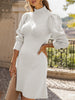 White FJØRNA long-sleeved sweater dress with a solid color design, fitted style, and knee-length hem.