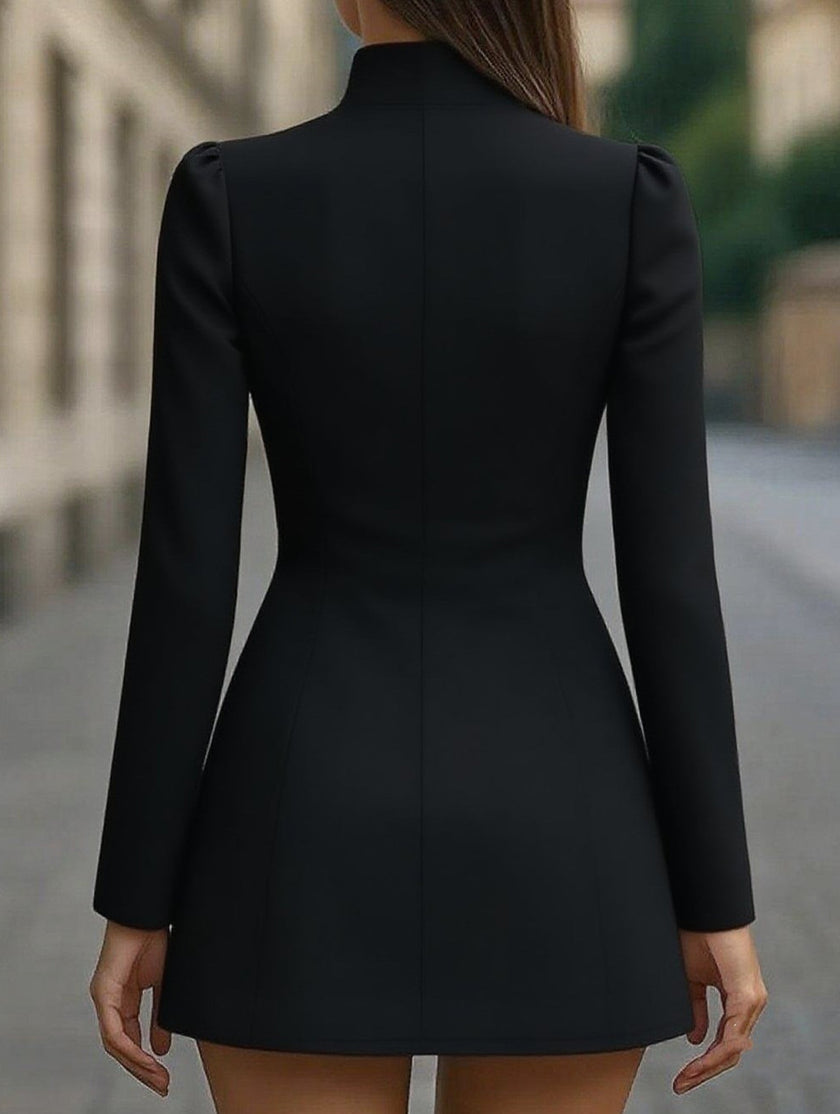 FJØRNA slim-fit white dress with stand-up collar and single-breasted design, shown in black fabric.